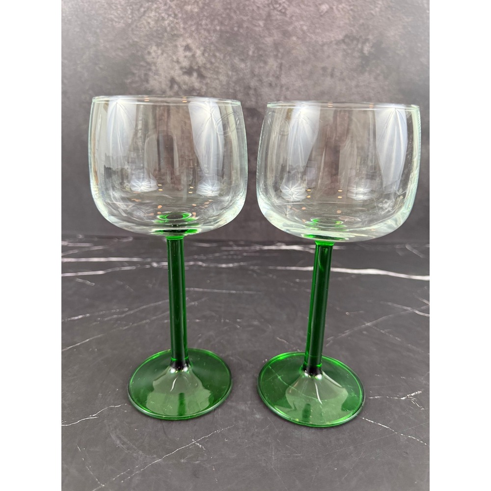 VTG PAIR (2) 1970s Luminarc France Verrerie Emerald Green Stem Wine Glasses 7in